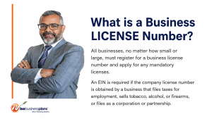 Infographic explaining what a business license number is, showing a professional business consultant alongside a definition covering its purpose and how it differs from an EIN.