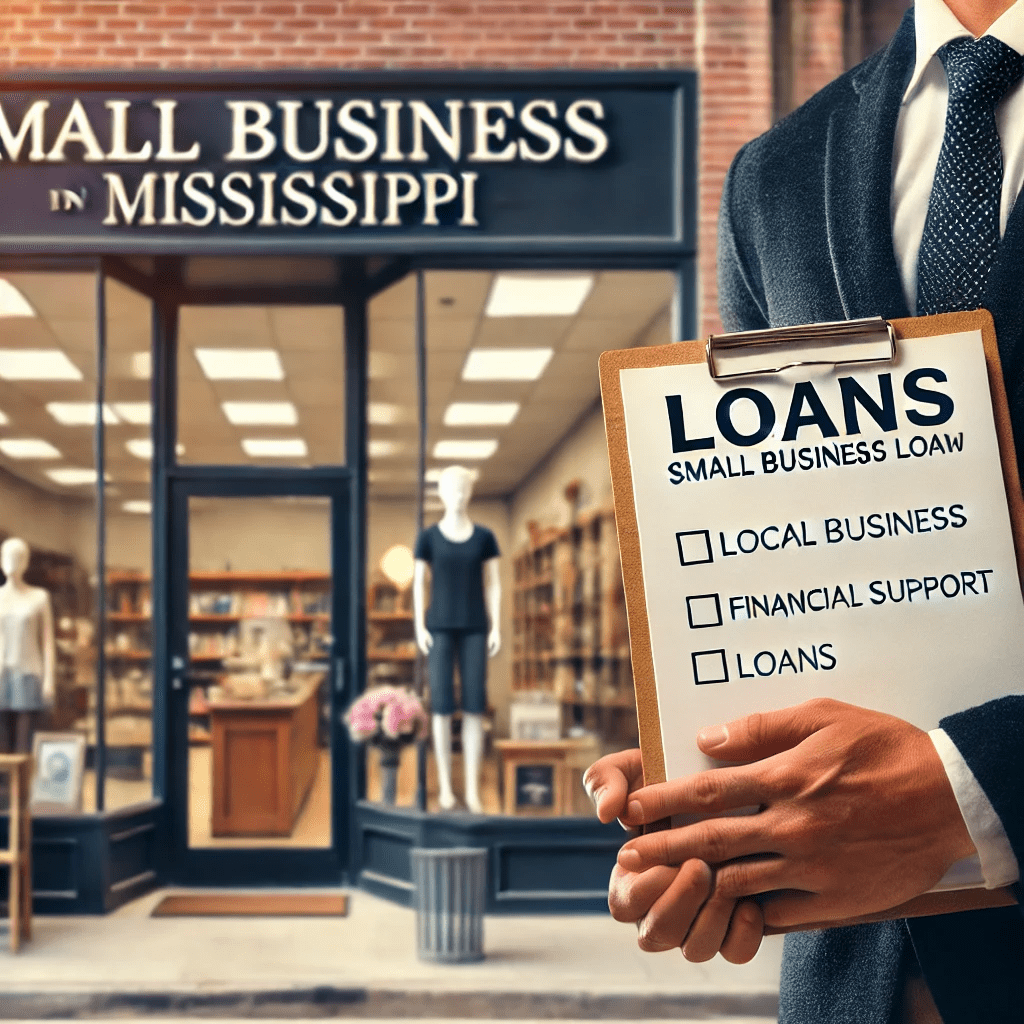 A person holding a clipboard with "Small Business Loan" checklist in front of a local business in Mississippi. The checklist includes options for local business, financial support, and loans, symbolizing financial assistance opportunities for small businesses in the area.